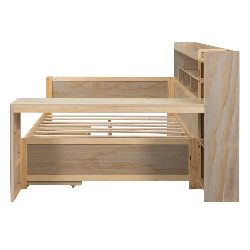 Lit de repos multifonctionnel avec étagères de rangement, 2 tiroirs et bureau d'étude