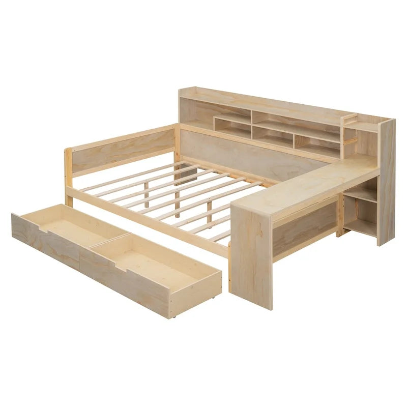 Lit de repos multifonctionnel avec étagères de rangement, 2 tiroirs et bureau d'étude