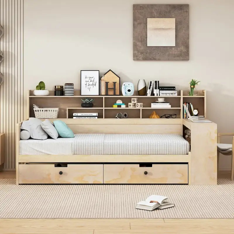 Lit de repos multifonctionnel avec étagères de rangement, 2 tiroirs et bureau d'étude