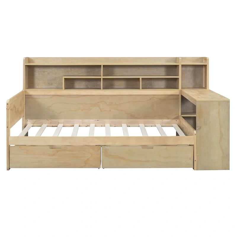Lit de repos multifonctionnel avec étagères de rangement, 2 tiroirs et bureau d'étude