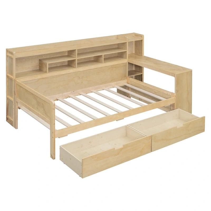 Lit de repos multifonctionnel avec étagères de rangement, 2 tiroirs et bureau d'étude