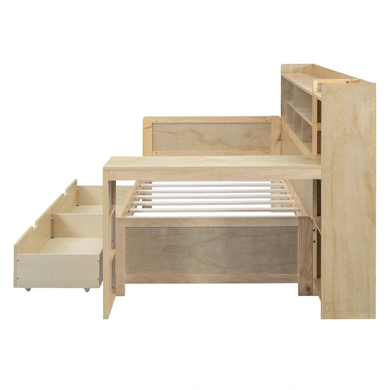 Lit de repos multifonctionnel avec étagères de rangement, 2 tiroirs et bureau d'étude