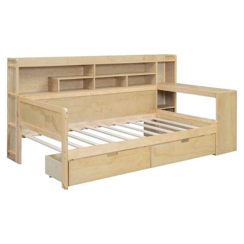 Lit de repos multifonctionnel avec étagères de rangement, 2 tiroirs et bureau d'étude