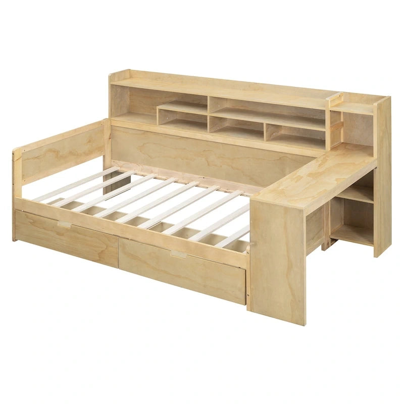 Lit de repos multifonctionnel avec étagères de rangement, 2 tiroirs et bureau d'étude