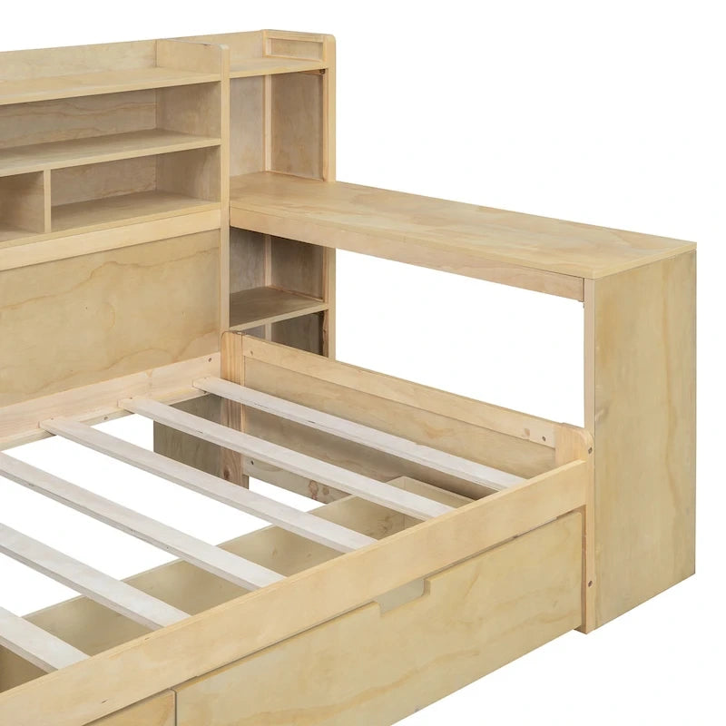 Lit de repos multifonctionnel avec étagères de rangement, 2 tiroirs et bureau d'étude