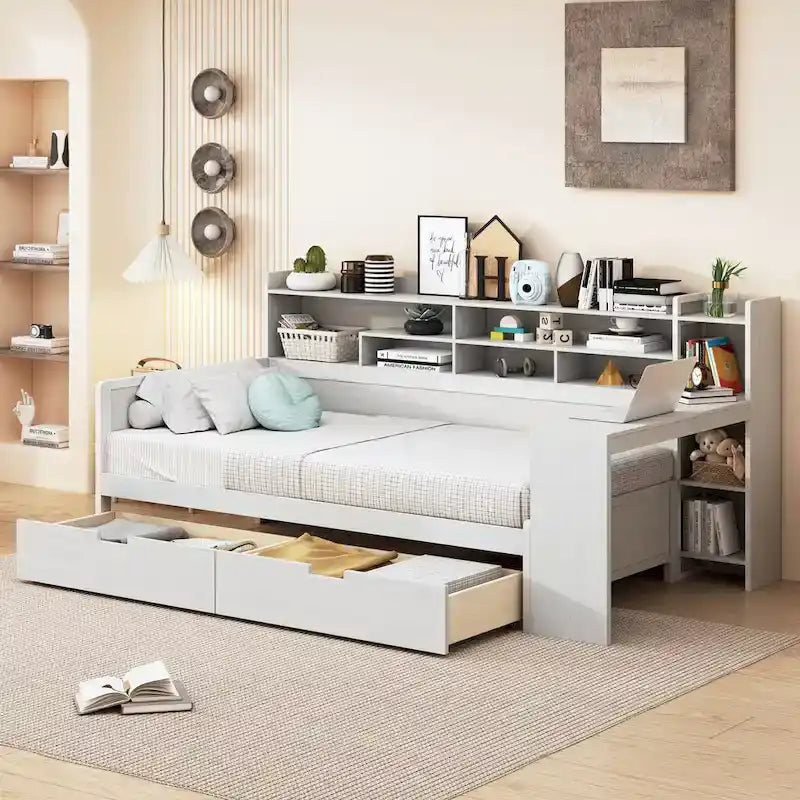Lit de repos multifonctionnel avec étagères de rangement, 2 tiroirs et bureau d'étude