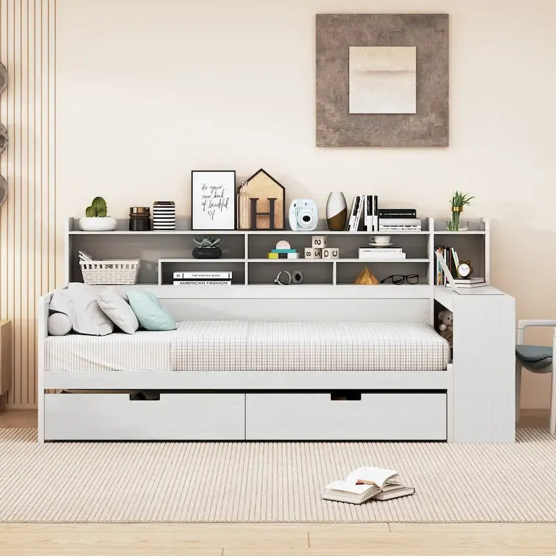 Lit de repos multifonctionnel avec étagères de rangement, 2 tiroirs et bureau d'étude