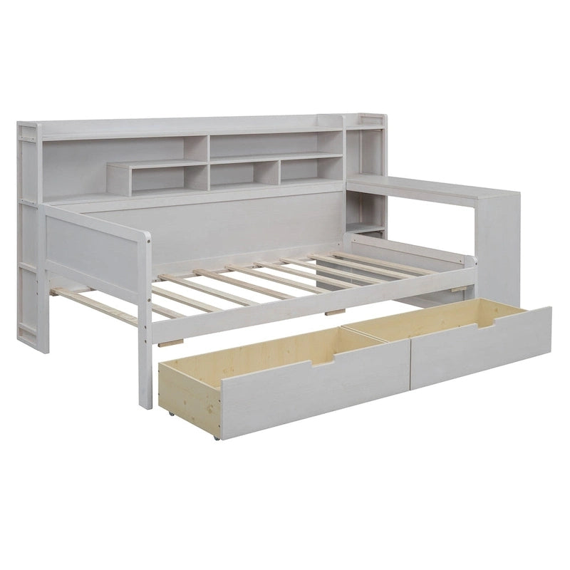 Lit de repos multifonctionnel avec étagères de rangement, 2 tiroirs et bureau d'étude