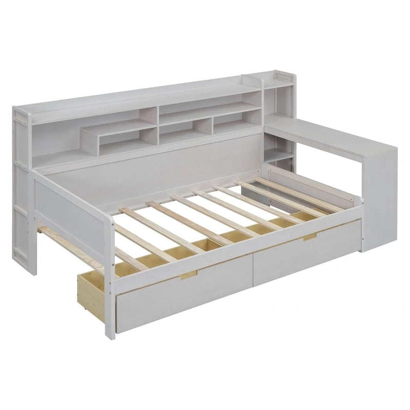 Lit de repos multifonctionnel avec étagères de rangement, 2 tiroirs et bureau d'étude