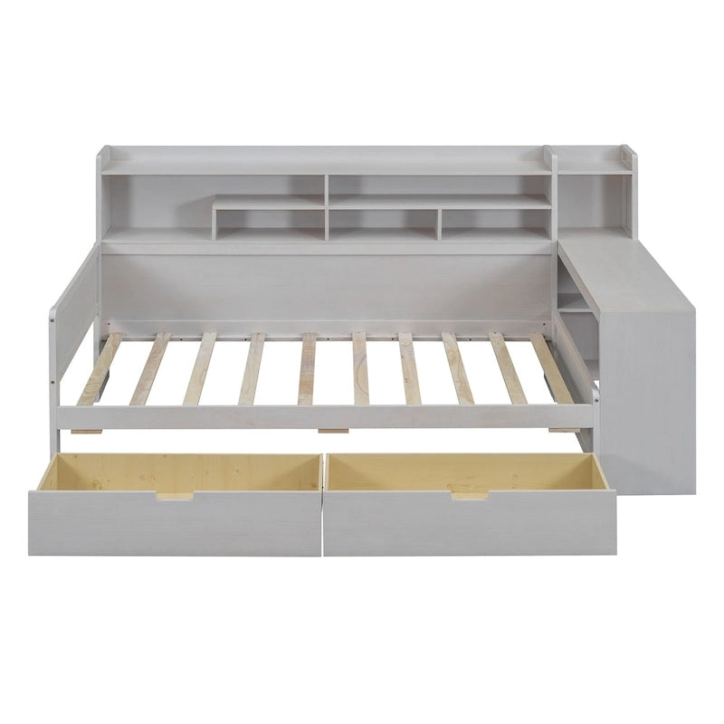 Lit de repos multifonctionnel avec étagères de rangement, 2 tiroirs et bureau d'étude