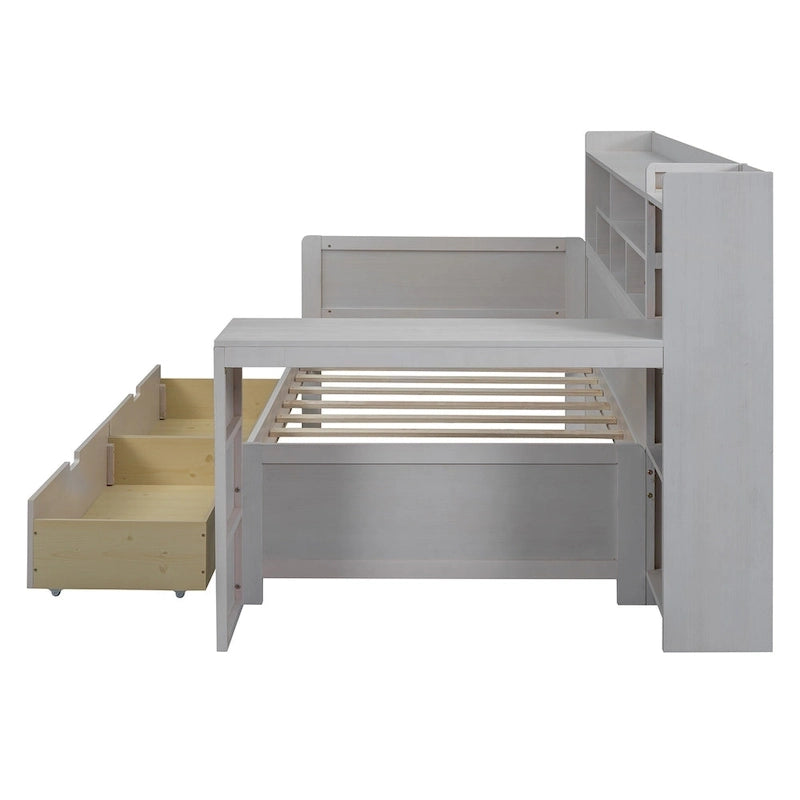 Lit de repos multifonctionnel avec étagères de rangement, 2 tiroirs et bureau d'étude