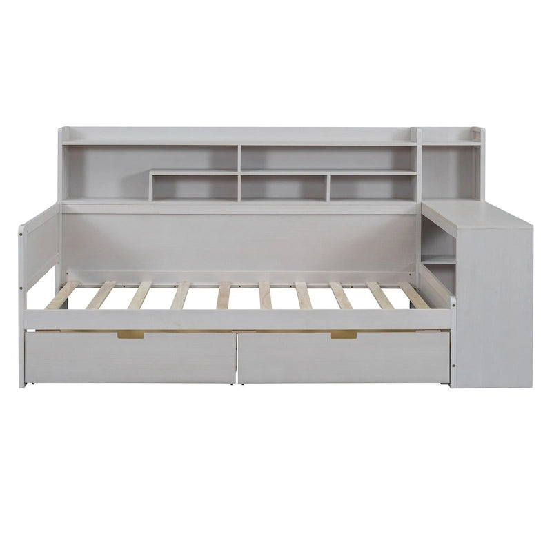 Lit de repos multifonctionnel avec étagères de rangement, 2 tiroirs et bureau d'étude