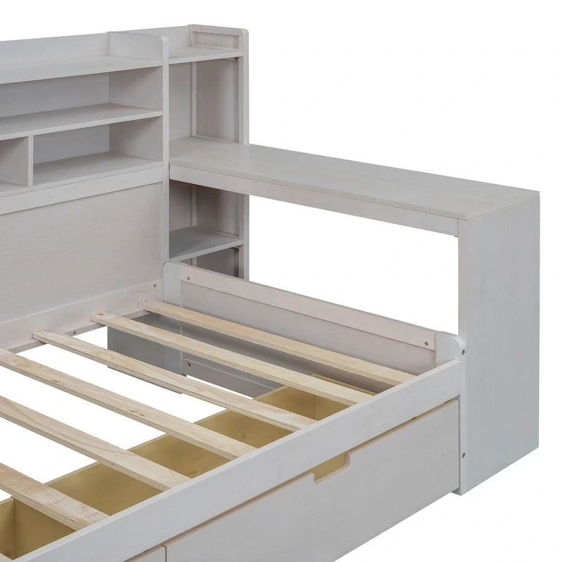 Lit de repos multifonctionnel avec étagères de rangement, 2 tiroirs et bureau d'étude