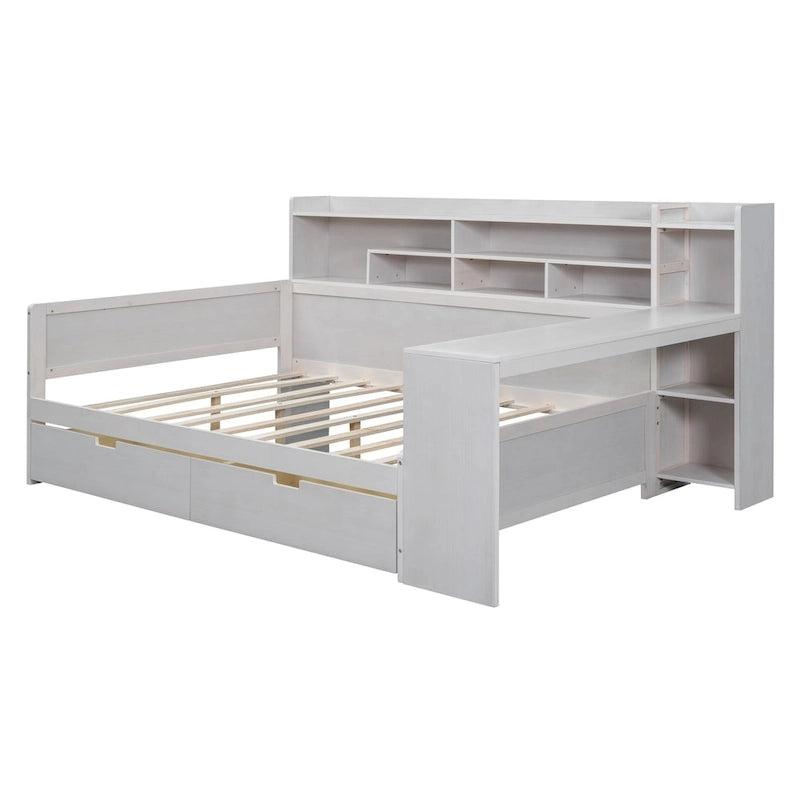 Lit de repos multifonctionnel avec étagères de rangement, 2 tiroirs et bureau d'étude
