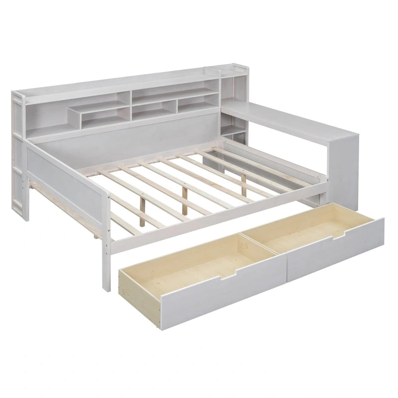 Lit de repos multifonctionnel avec étagères de rangement, 2 tiroirs et bureau d'étude