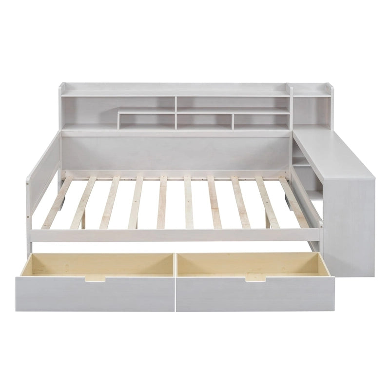 Lit de repos multifonctionnel avec étagères de rangement, 2 tiroirs et bureau d'étude