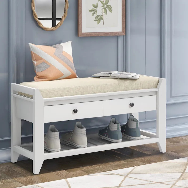 Banc de rangement d'entrée avec tiroirs et coussin