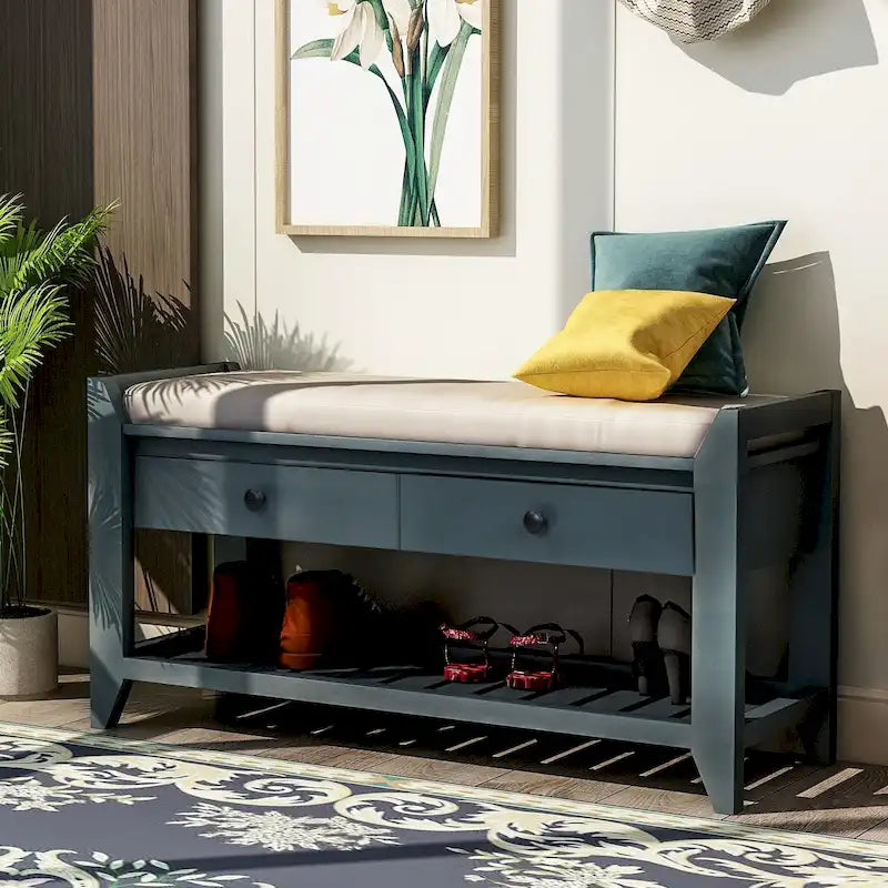 Banc de rangement d'entrée avec tiroirs et coussin