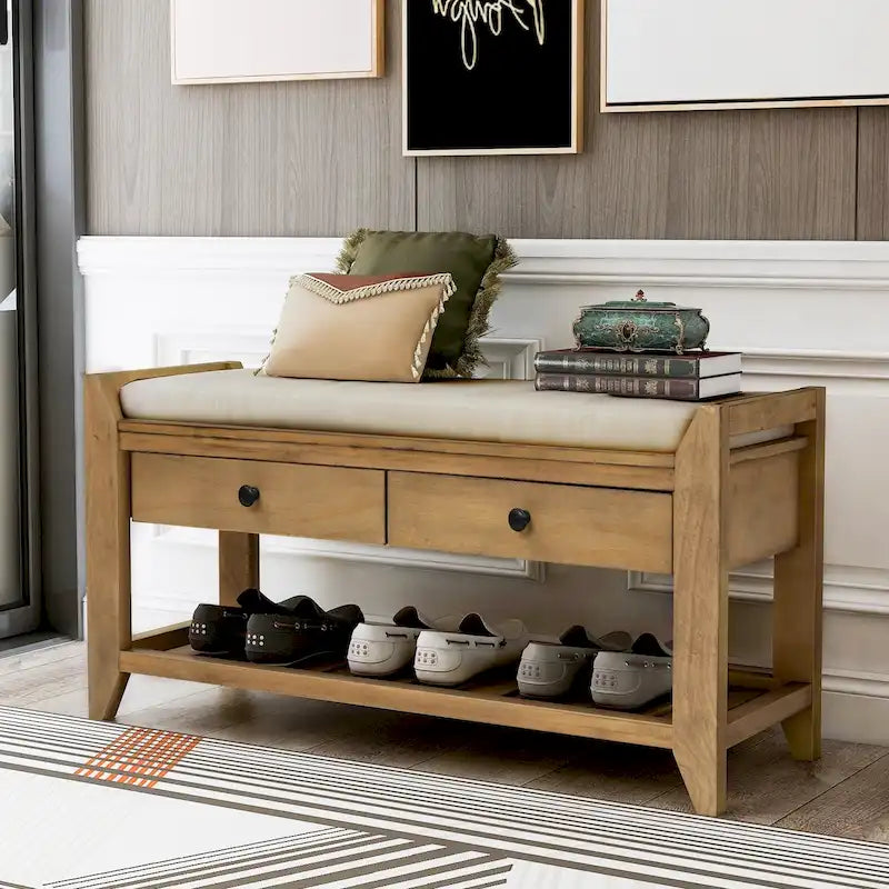 Banc de rangement d'entrée avec tiroirs et coussin