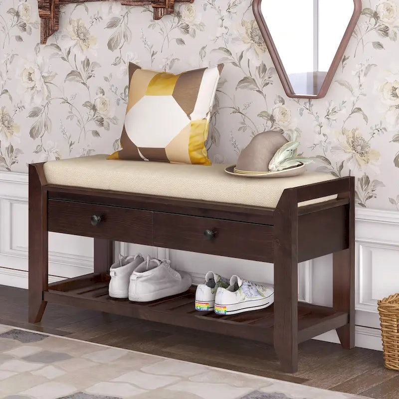 Banc de rangement d'entrée avec tiroirs et coussin