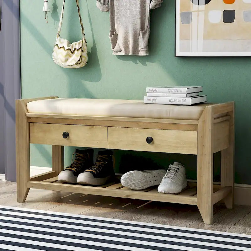 Banc de rangement d'entrée avec tiroirs et coussin