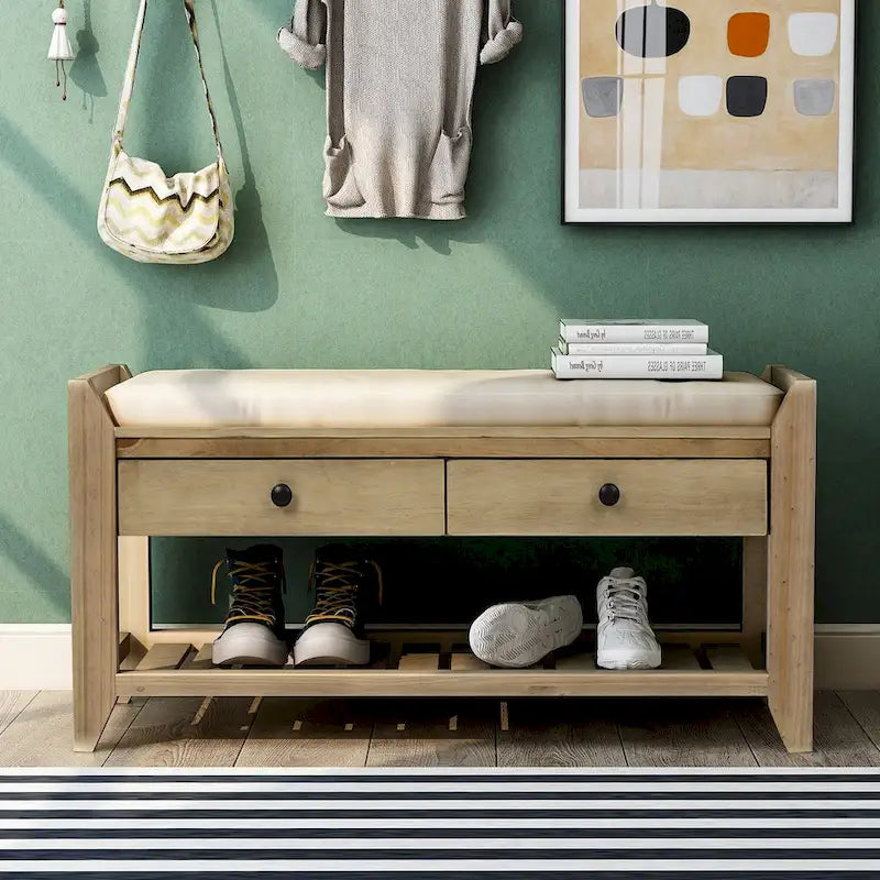 Banc de rangement d'entrée avec tiroirs et coussin