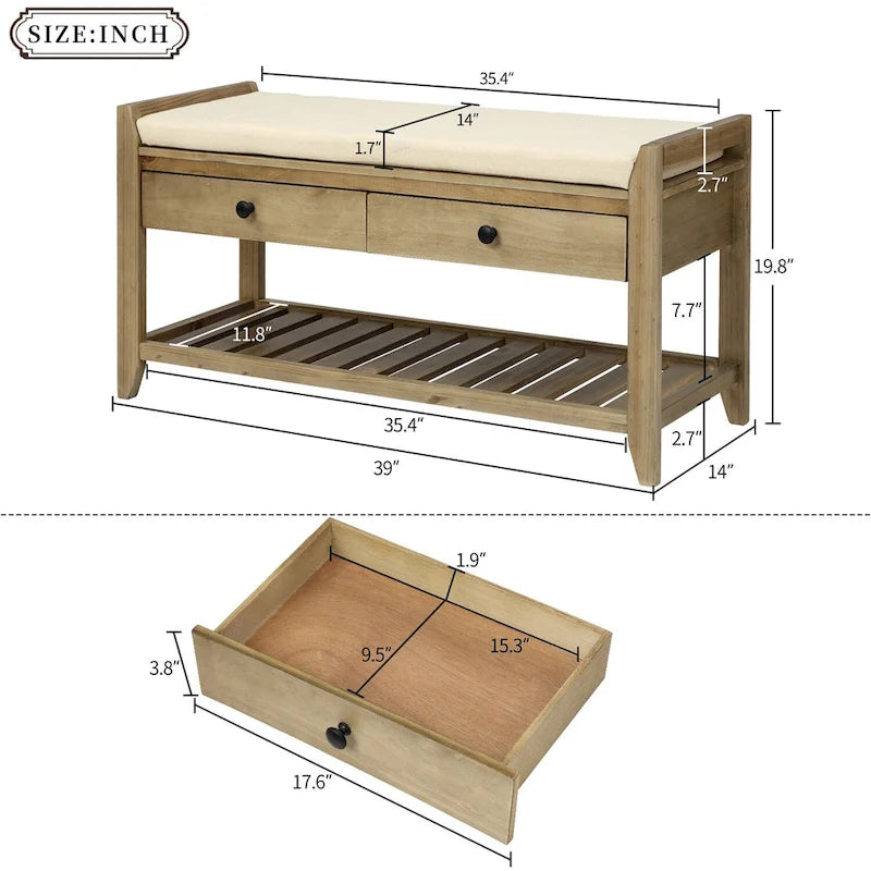 Banc de rangement d'entrée avec tiroirs et coussin