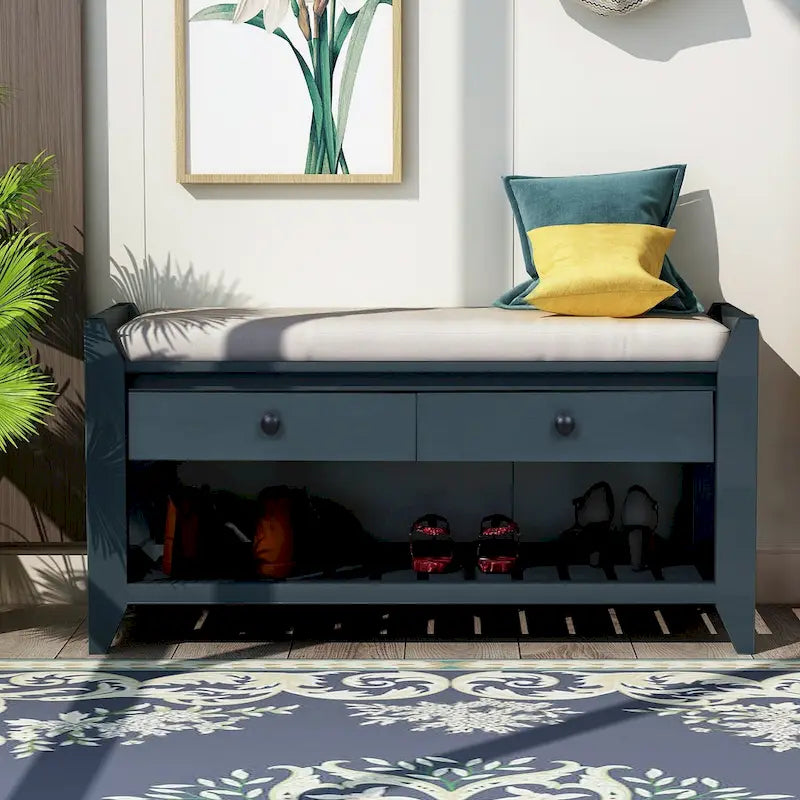 Banc de rangement d'entrée avec tiroirs et coussin