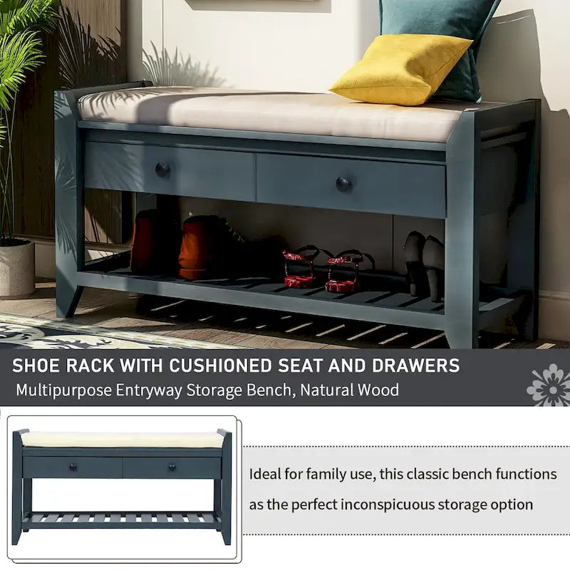 Banc de rangement d'entrée avec tiroirs et coussin