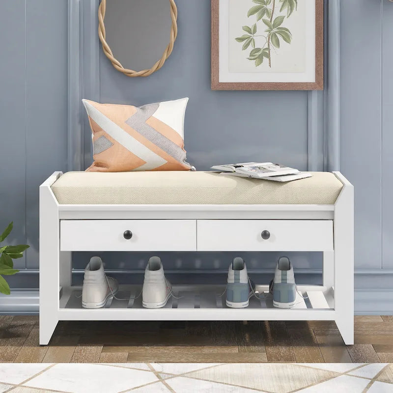 Banc de rangement d'entrée avec tiroirs et coussin