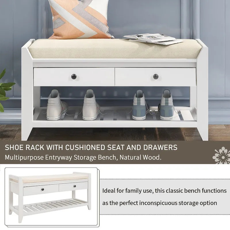 Banc de rangement d'entrée avec tiroirs et coussin