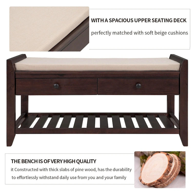 Banc de rangement d'entrée avec tiroirs et coussin