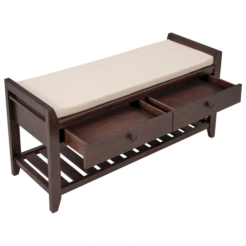 Banc de rangement d'entrée avec tiroirs et coussin