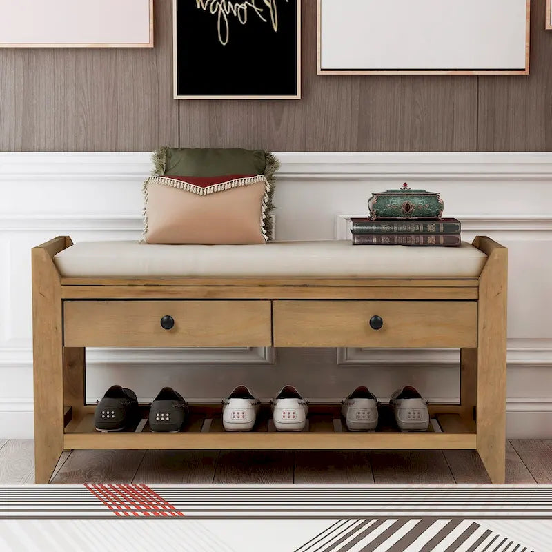 Banc de rangement d'entrée avec tiroirs et coussin