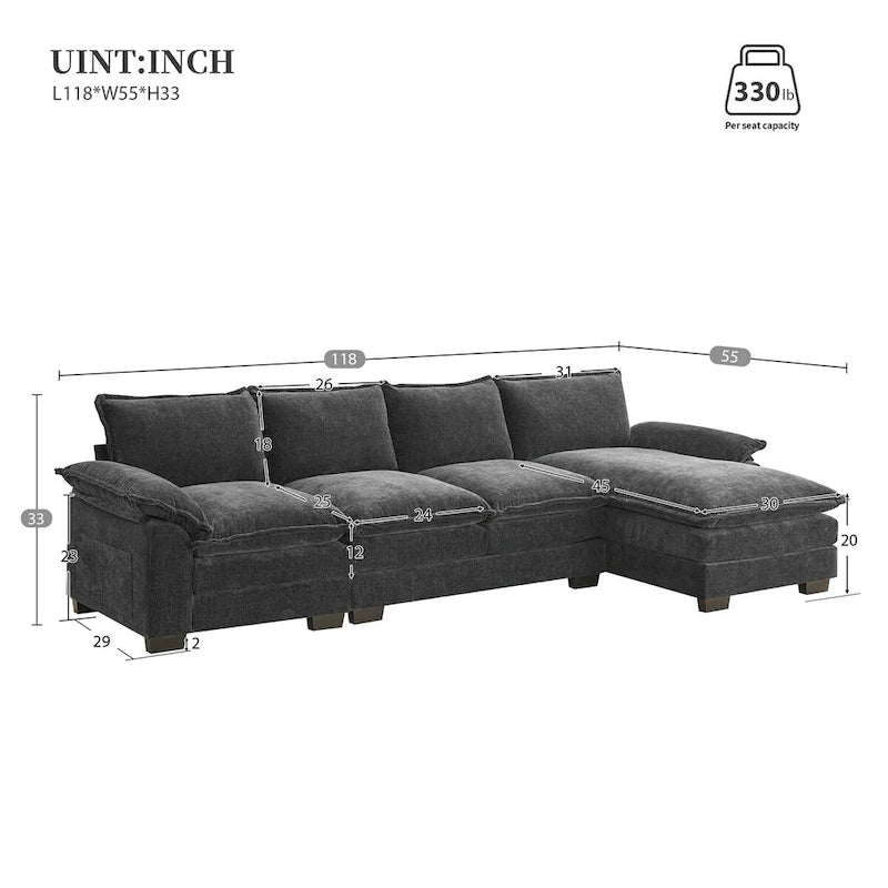 Canapé d'angle en chenille en forme de L avec méridienne, 5 places