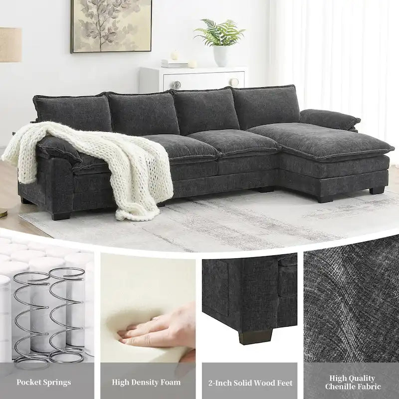 Canapé d'angle en chenille en forme de L avec méridienne, 5 places