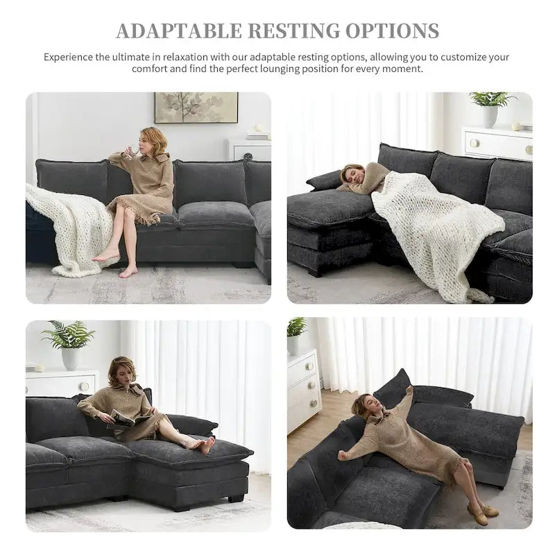 Canapé d'angle en chenille en forme de L avec méridienne, 5 places