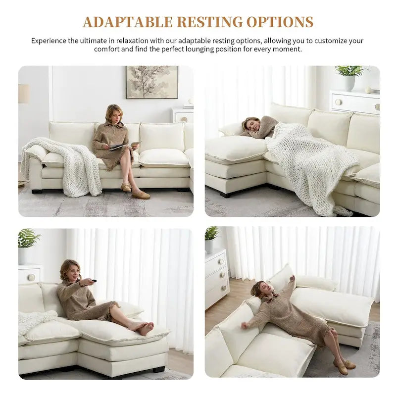 Canapé d'angle en chenille en forme de L avec méridienne, 5 places