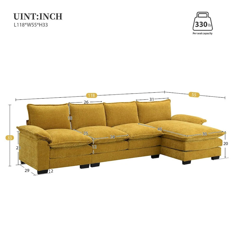Canapé d'angle en chenille en forme de L avec méridienne, 5 places