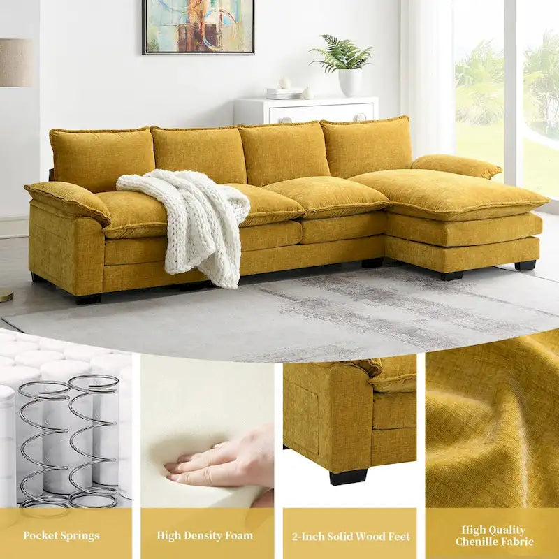 Canapé d'angle en chenille en forme de L avec méridienne, 5 places