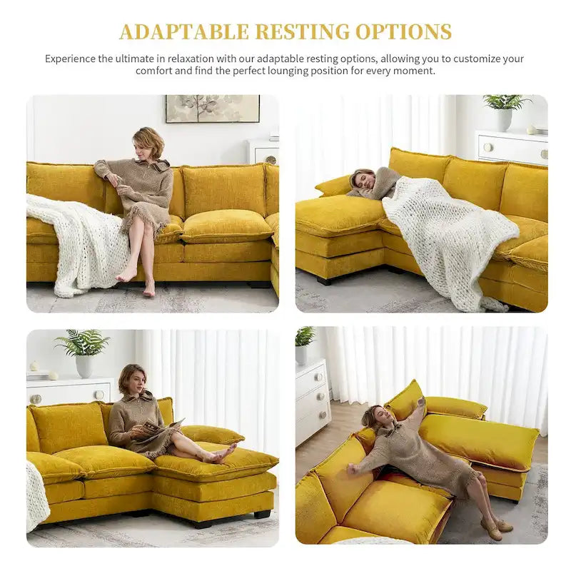 Canapé d'angle en chenille en forme de L avec méridienne, 5 places