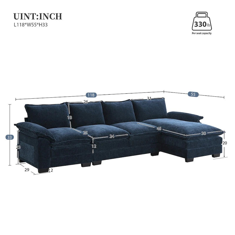 Canapé d'angle en chenille en forme de L avec méridienne, 5 places