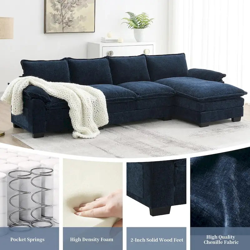 Canapé d'angle en chenille en forme de L avec méridienne, 5 places