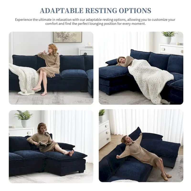 Canapé d'angle en chenille en forme de L avec méridienne, 5 places
