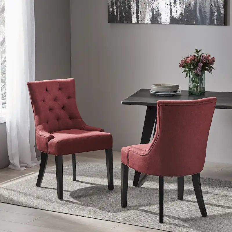 Chaise de salle à manger tapissée de tissu avec dossier capitonné et pieds fuselés - Lot de 2