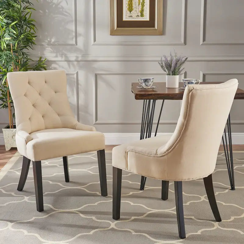 Chaise de salle à manger tapissée de tissu avec dossier capitonné et pieds fuselés - Lot de 2