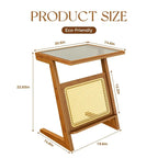 Table d'appoint en Z avec motif rotin et plateau en verre
