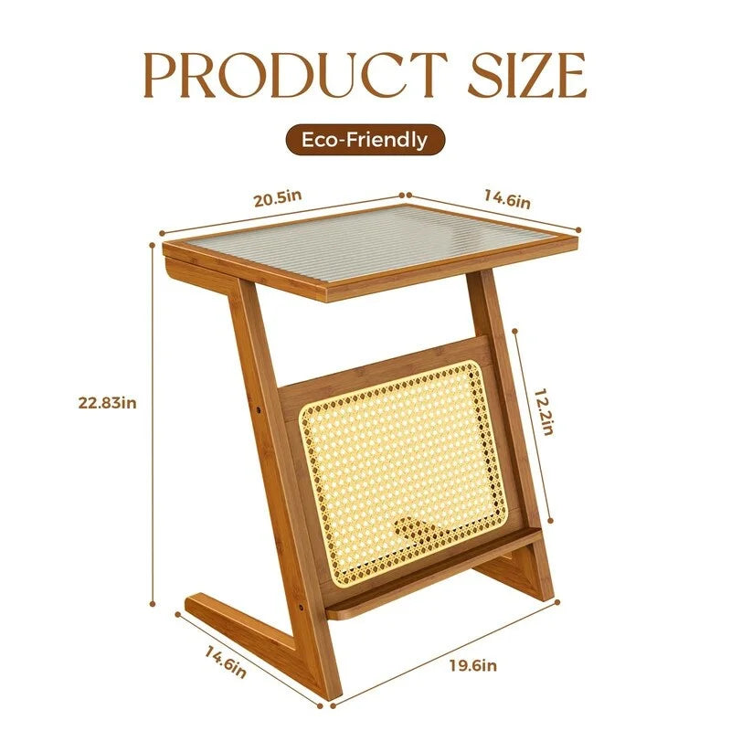 Table d'appoint en Z avec motif rotin et plateau en verre