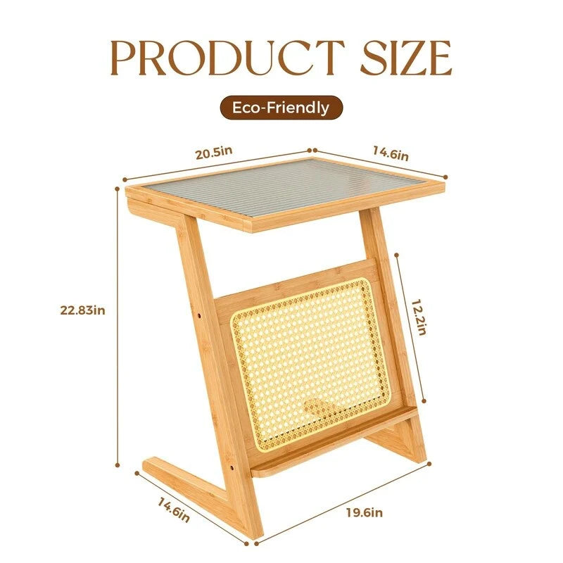 Table d'appoint en Z avec motif rotin et plateau en verre
