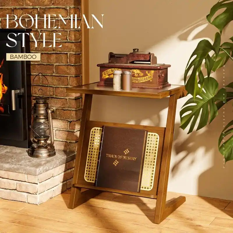 Table d'appoint en Z avec motif rotin et plateau en verre